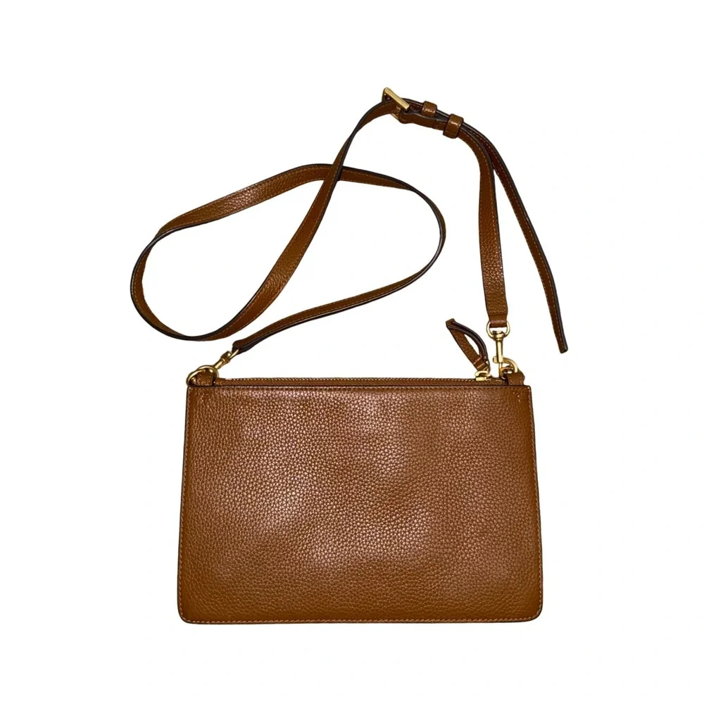 Tory Burch Crossbody Bag Womens Small Tan Fair Pebbled Leather Triple Zip Miller